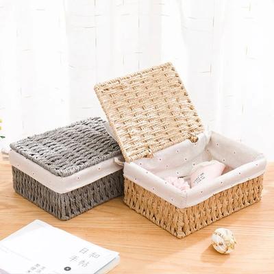 Handwoven Storage Baskets Sundries Organizer with Lid Rectangular Cosmetics Box Clothes Laundry Basket Towel Toys Container Lid