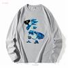Protogen Furry Fursuit Fursona Meeresblau Muster T-Shirt Langarm Vintage Gewaschen Unisex Freizeitmode Weich Stilvoll