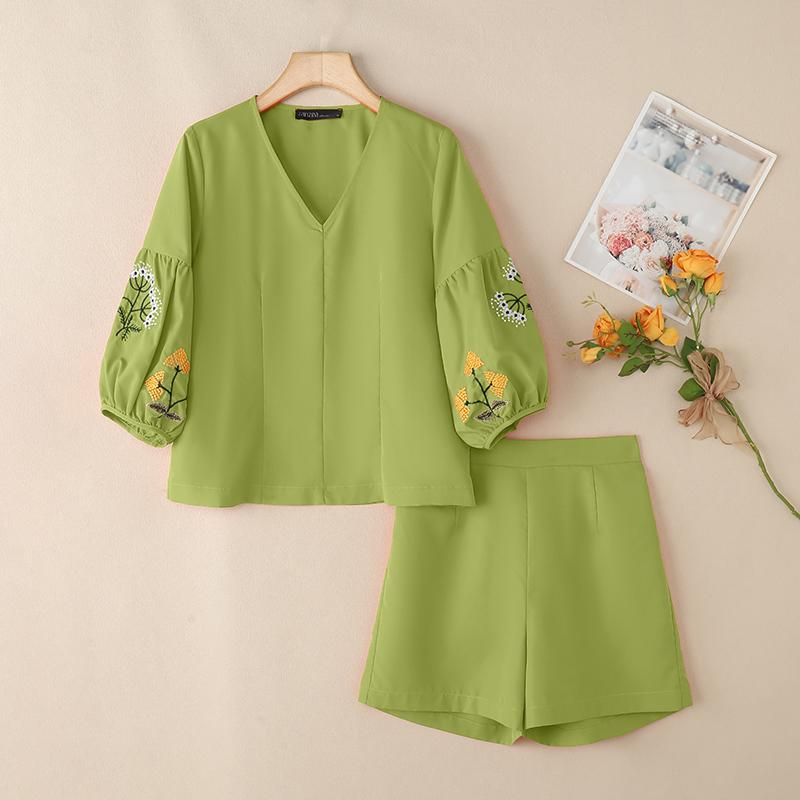 

ZANZEA Женский комплект из блузки с рукавом 3/4 и шорт, летний костюм-двойка с принтом S зелёный