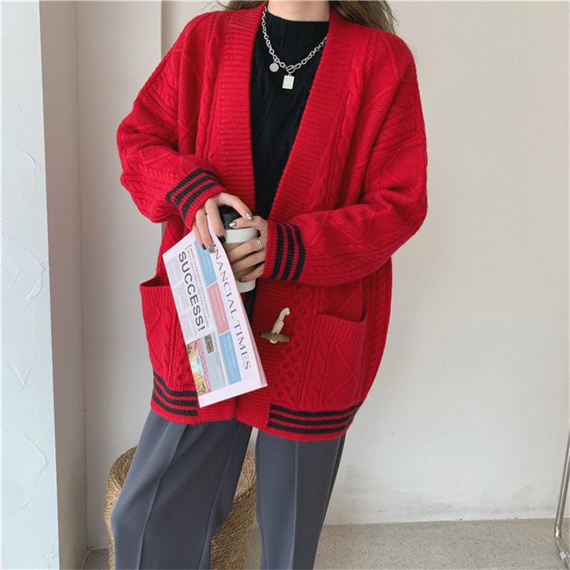 Fall Winter Wool Cardigan Women's Mid-length V-neck Sweater Loose Thick Cashmere Knitted Jacket