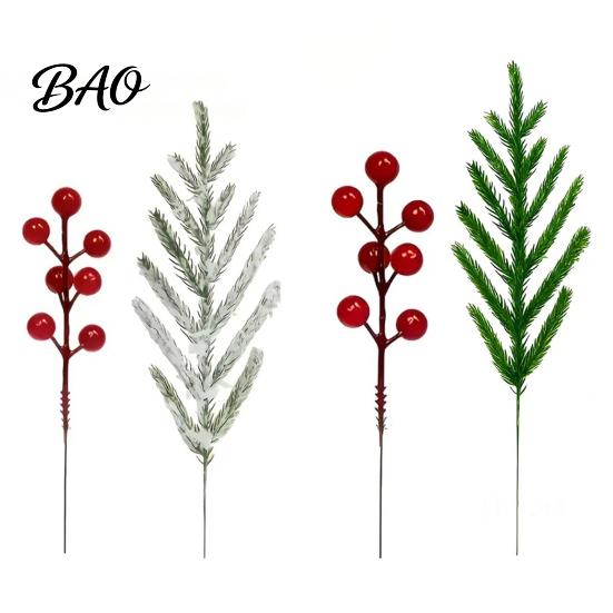 Lifelike Floral Decor for Gift 20Pcs Christmas Norfolk Pine Picks, Flocked Snow Branches with Indoor Decorative Plants Living Room Red Berries,