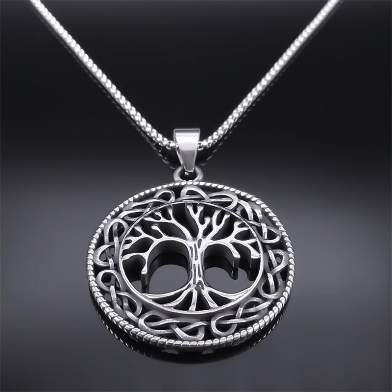 Viking Tree of Life Necklace for Women Men Stainless Steel Silver Color Knot Necklaces Amulet Jewelry collier homme NZZ393S02