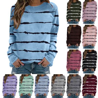 Women's Striped Printed Tops Casual Round Neck Long Sleeve Tops