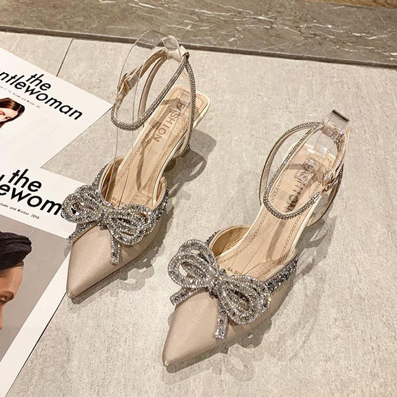 

2026 Pointed Toe Women s Sandals Crystal Bow High Heels Shoes Summer Luxury Mary Jane Shoes Party Pumps Sexy Slides Mujer Zapato 36 грязно-белый