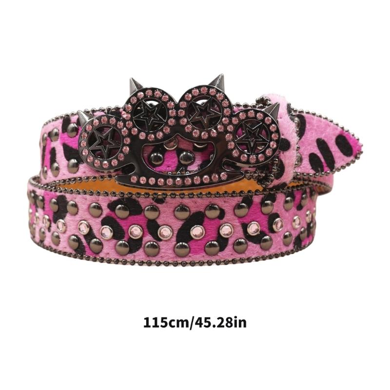 Women's Men's Oversized Belt Leopard Print Rhinestones Embellished Rivets Accent Western Girdle for Hip Hop Event