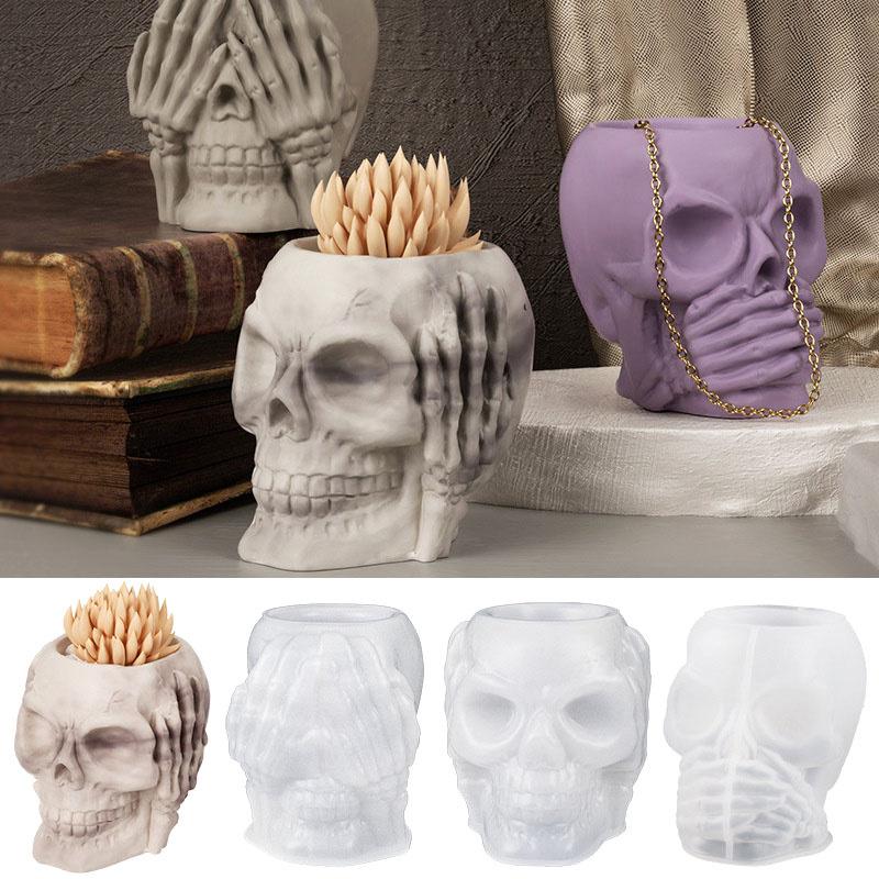 3D Skull Penholder Silicone Mold Diy Halloween Decorative Flowerpot Jewelry Storage Box Mould Soap Plaster Casting Holiday Gifts
