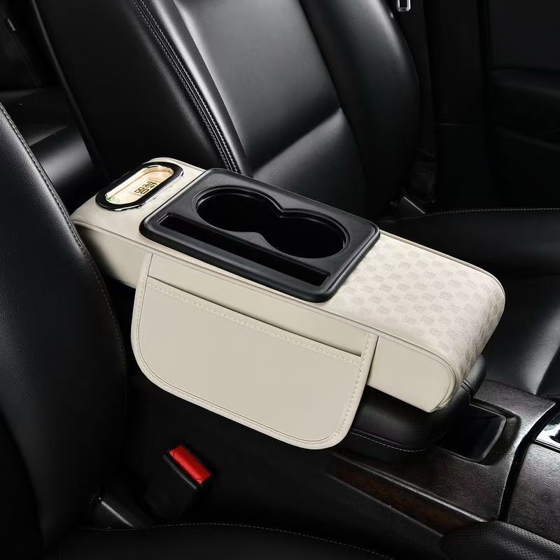 Universal Auto Center Console Armrest Pillow Arm Rest Cover with 2 Cup Holder & Tissue Box PU Leather Car Armrest Cushion