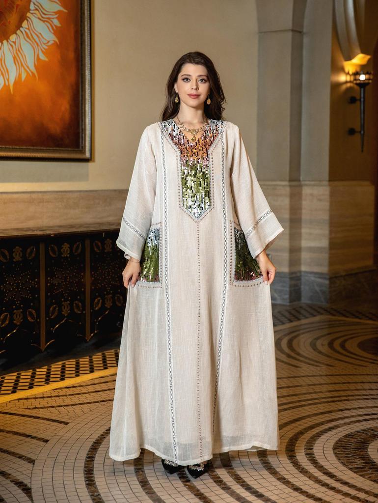 AB053 Dubai Beaded Sequin Jalabiya: Women's Embroidered Long Robe for Eid al-Fitr.