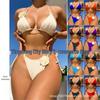 Solid Color Bandage Bikini with 3D Floral Design