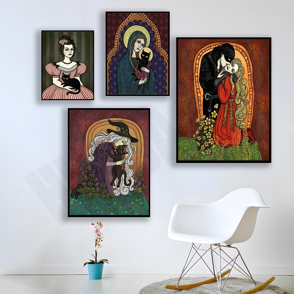 Vintage Funny Holy Mother of Cats Poster Abstract Animal Art Print Canvas Painting Witch Wall Picture for Living Room Home Decor