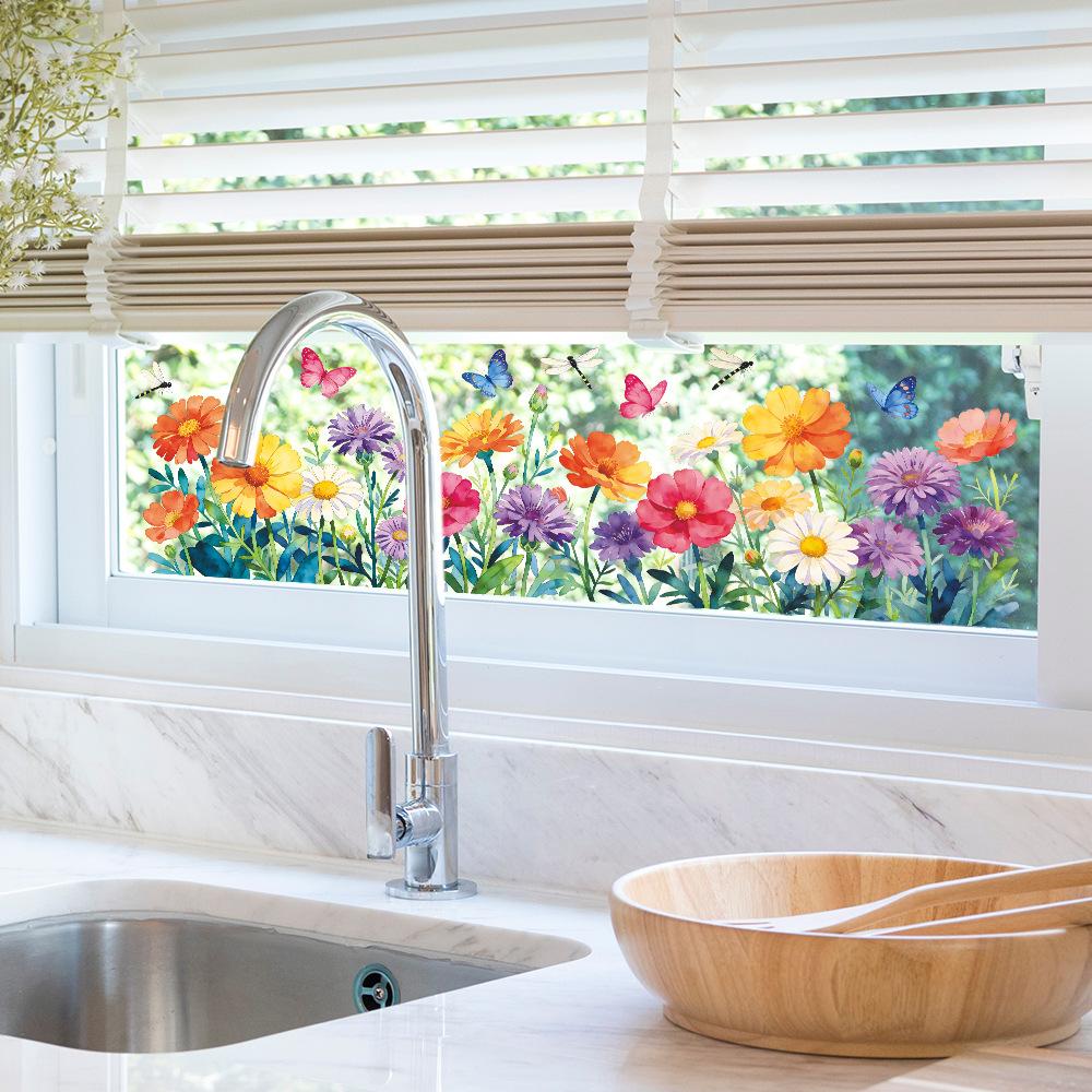 Watercolor Flower Butterfly Window Stickers Self Adhesive Glass Decals for Balcony Home Decor