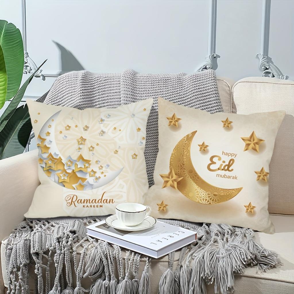 Golden Eid Mubarak Moon Cushion Covers Square Elegant Printed Zipper Closure Pillow Core Living Room Chair Sofa Bedroom Decora