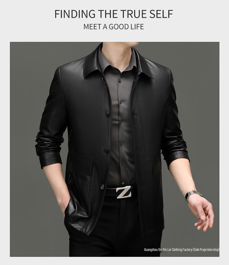 Men's Casual Sheepskin Leather Jacket: Turn-Down Collar, Ideal for Spring/Autumn, Perfect for Middle-Aged and Elderly.