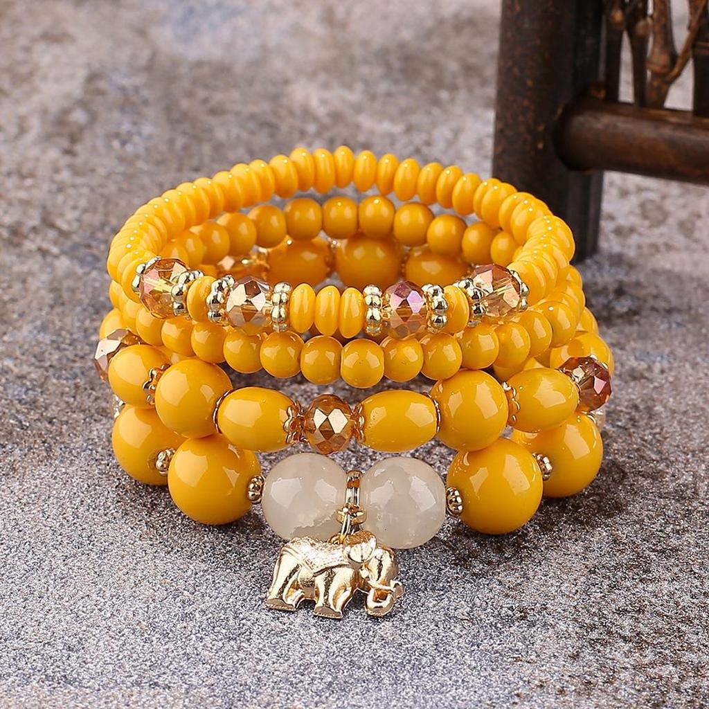 Bohemian Ethnic Style Layered Beaded Bracelet Set with Elephant Pendant and Stackable Crystal Accents
