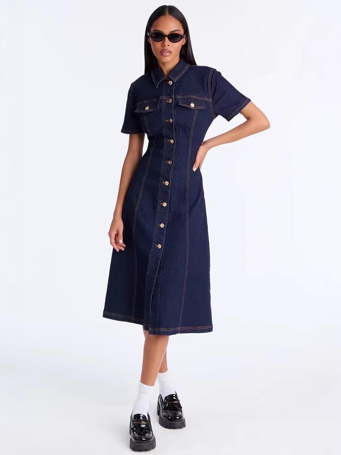 Women's Casual Short Sleeve Denim Dress with Lapel - Summer Style 89375