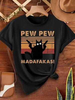 Damen Verspieltes Schwarze Katze "Pew Pew" Grafik T-Shirt - Lässig Rundhals Kurzarm Polyester Maschinenwaschbar