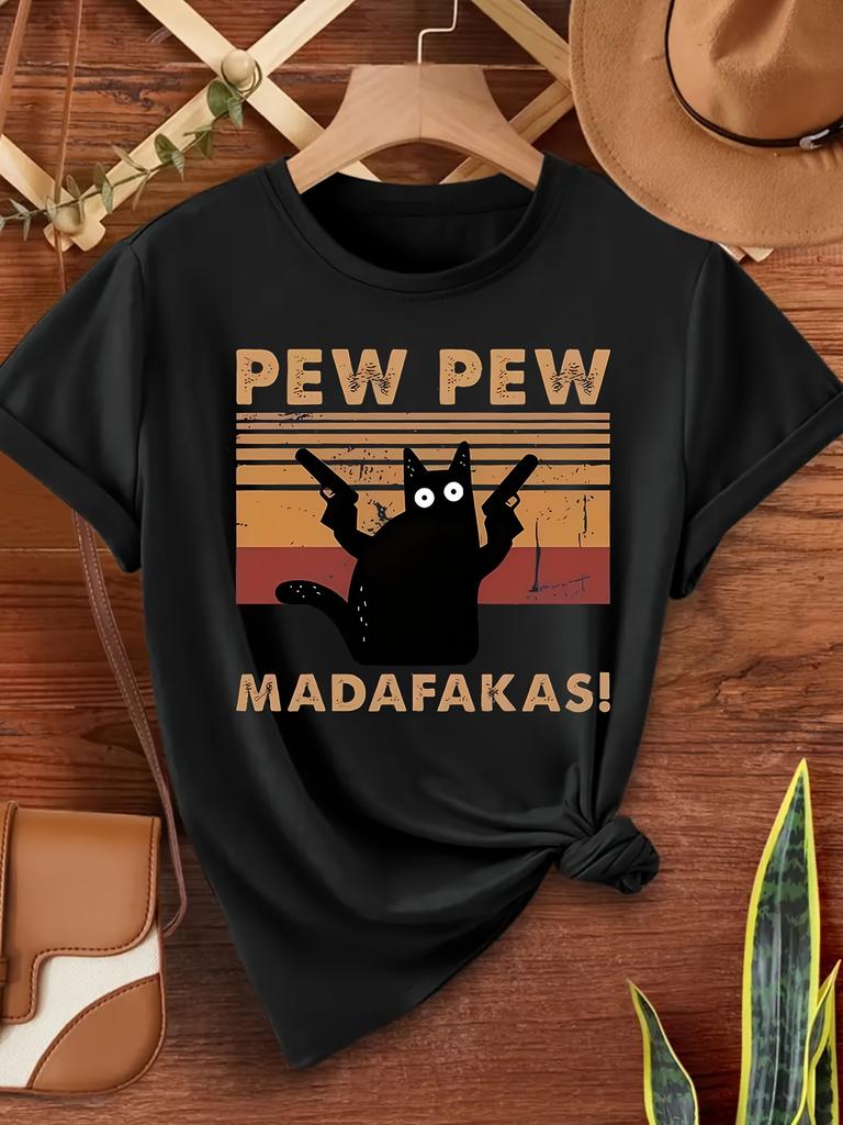 Women's Playful Black Cat "Pew Pew" Graphic T-Shirt - Casual Round Neck Short Sleeve Polyester Machine Washable