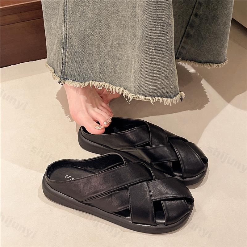 Fashion Women's Half Slippers Summer Closed Toe Woven Hollow Out Mules Shoes Retro Outdoor Leisure Flat Beach Sandals Sandalias De Mujer