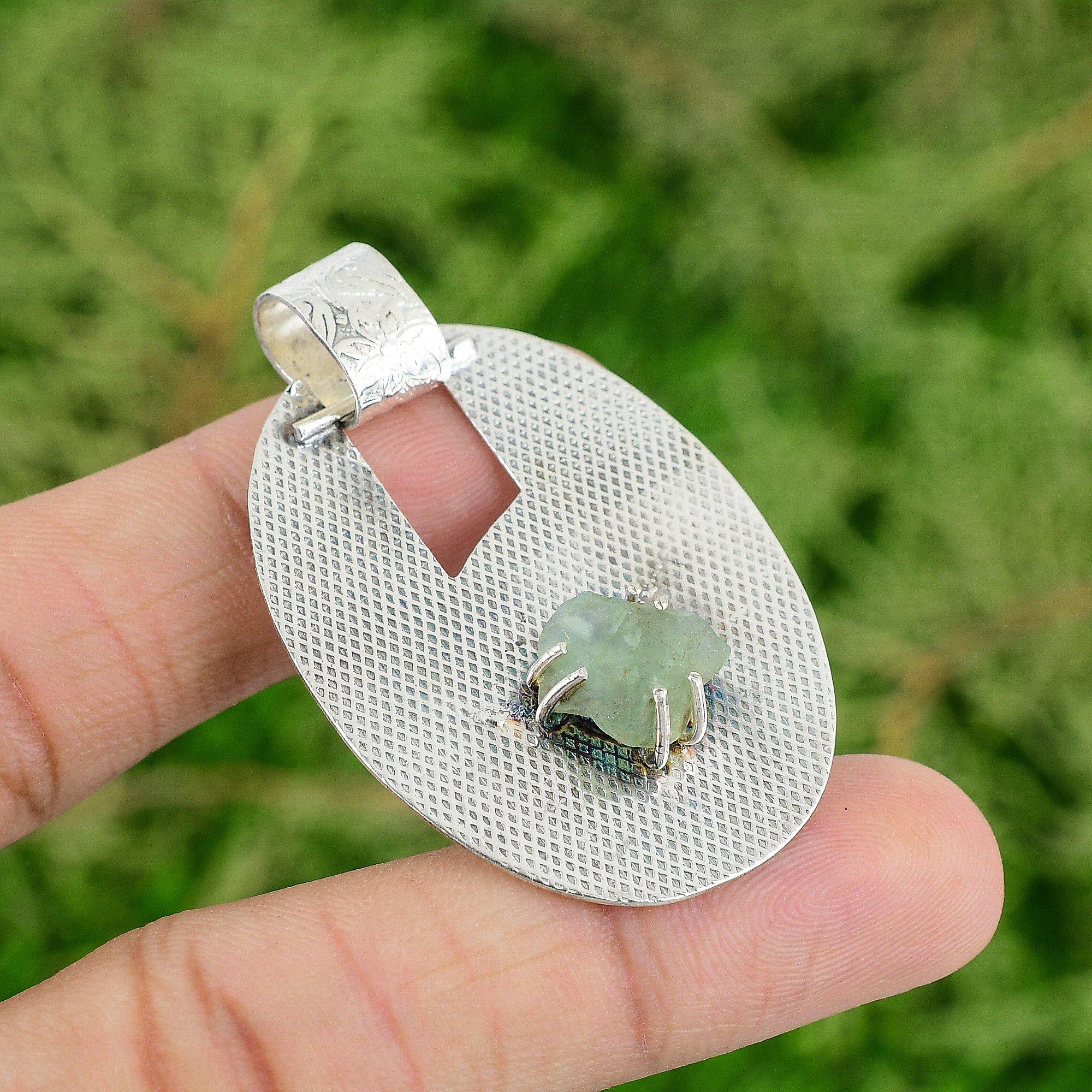 

Daughters Day Sale Octagon Prehnite Rough Gemstone Pendant 925 Sterling Silver