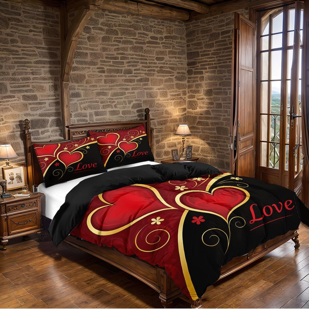 3pcs (1 Duvet Cover, 2 Pillowcases, Coreless), Black and Red Valentine's Day Heart, Love Design Printed Pattern Bedding Set