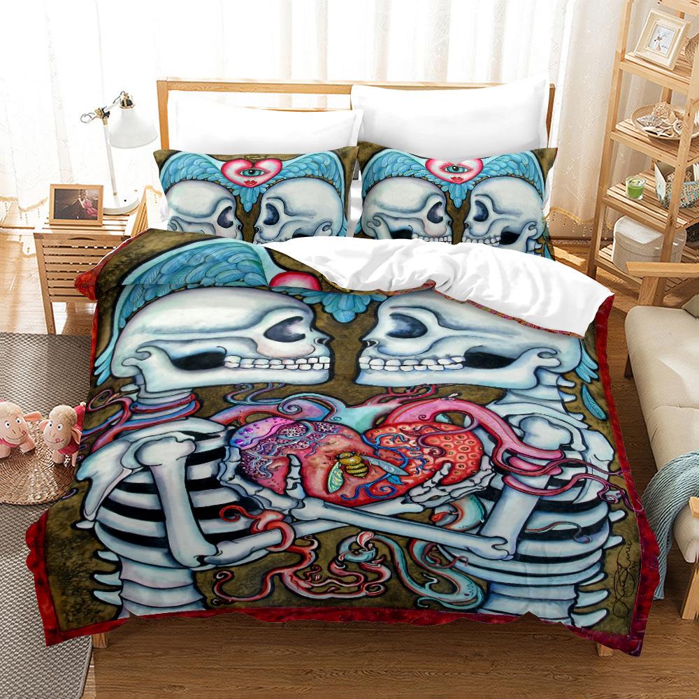 Skull Love 3D Digital Printing Three-Piece Set, Quilt Cover Pillowcase Two-Piece Set