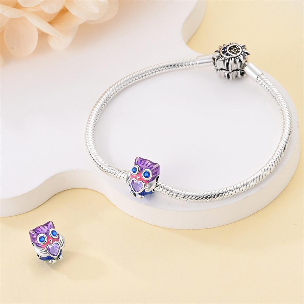 Original Copper Charms Luxury Purple Owl Animal Beads Fit Bracelet Diy Women Making Delicate Gift Jewelry