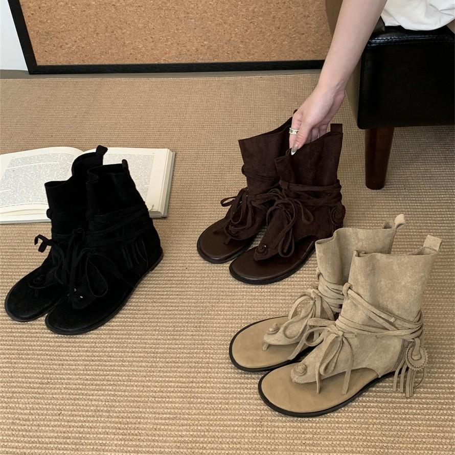 2025 neue Sommer vielseitige offene coole Stiefel Westernstiefel Retro-Riemen Römerschuhe Fischgräten-Innenfutter plus Zehensandalen