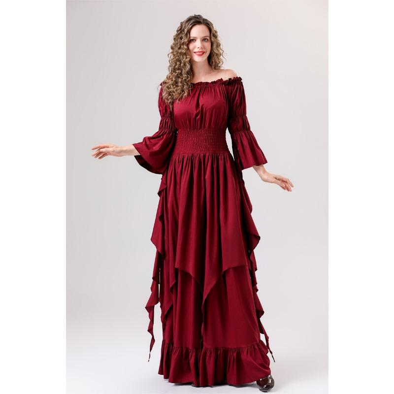 Halloween new medieval retro girdle gorgeous horn sleeve multi-color dress costume