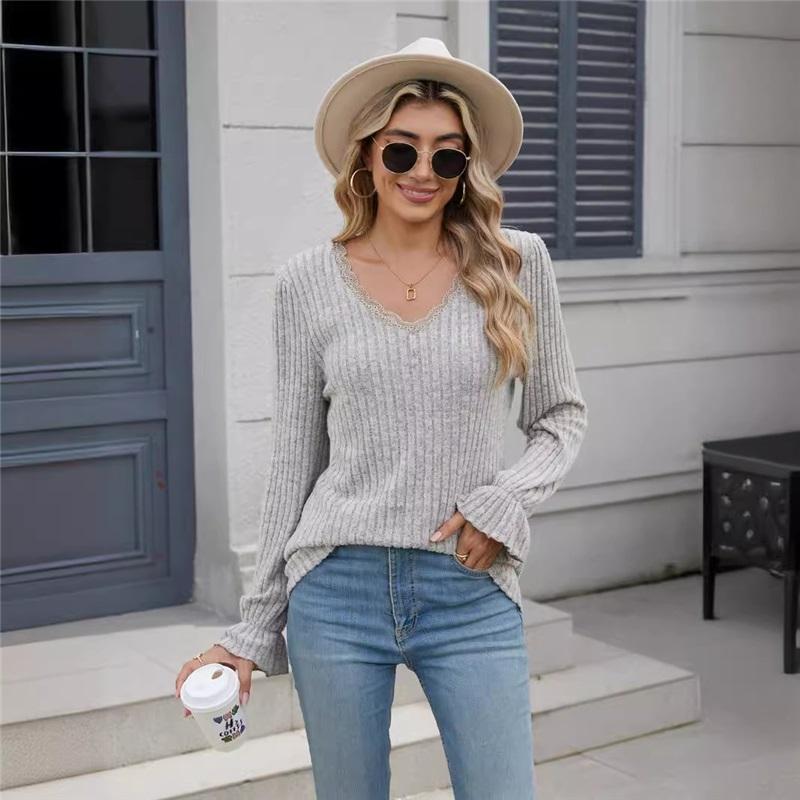 Women's Blouse New Product Solid Color Pit Strip Brushed Casual V-neck Lace Long-sleeved Bottoming Shirt