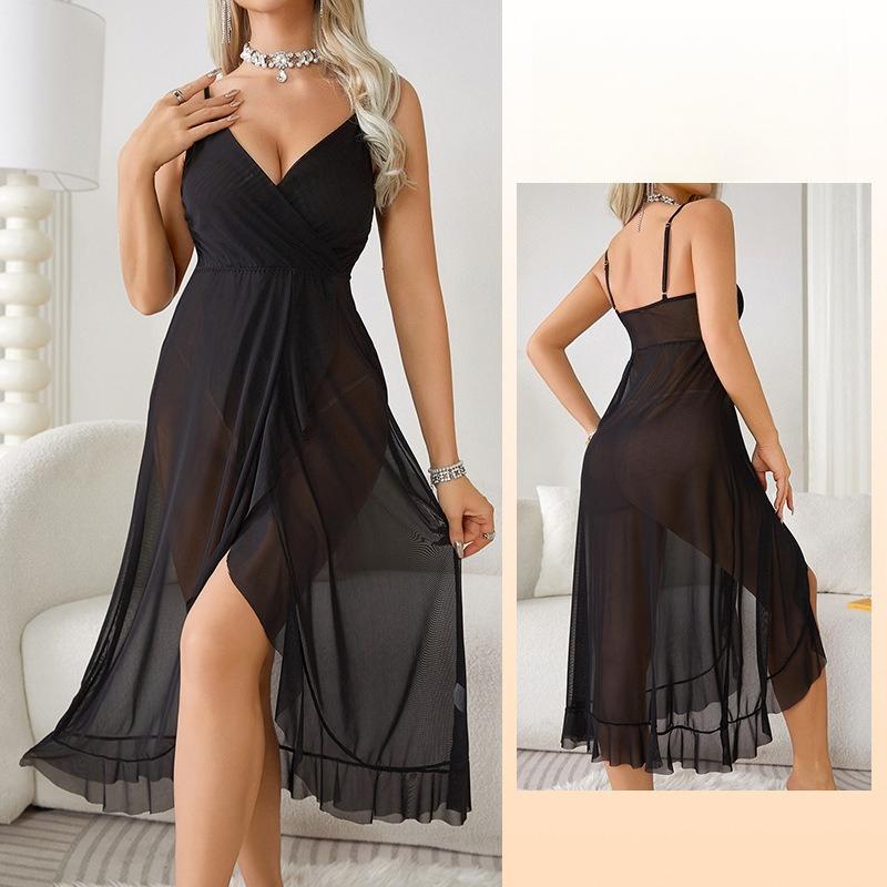 Elegantes V-Ausschnitt Nachthemd mit hohem Schlitz, rückenfrei, ärmellos, sexy Cami, Damen-Loungewear 683, anspruchsvolle, schmeichelhafte Nachtwäsche für selbstbewusste Frauen