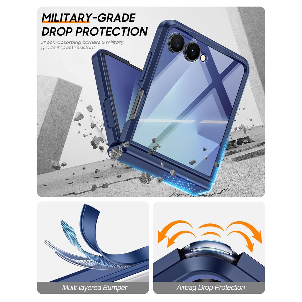 Protective Case with Hinge Protection Tempered Glass Screen Protector Slim PC Cover for Samsung Galaxy Z Flip 7-Blue