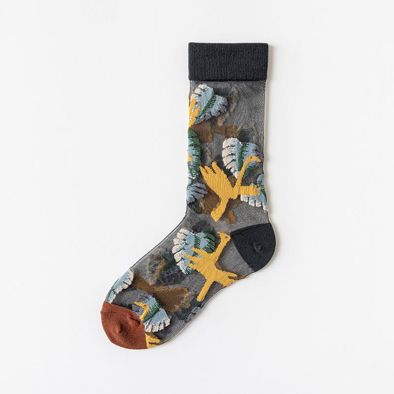 

Mid Calf Socks with Floral and Bird Pattern Embroidery Comfortable Breathable Fabric Soft Texture Suitable for Daily Wear One Size коричневый