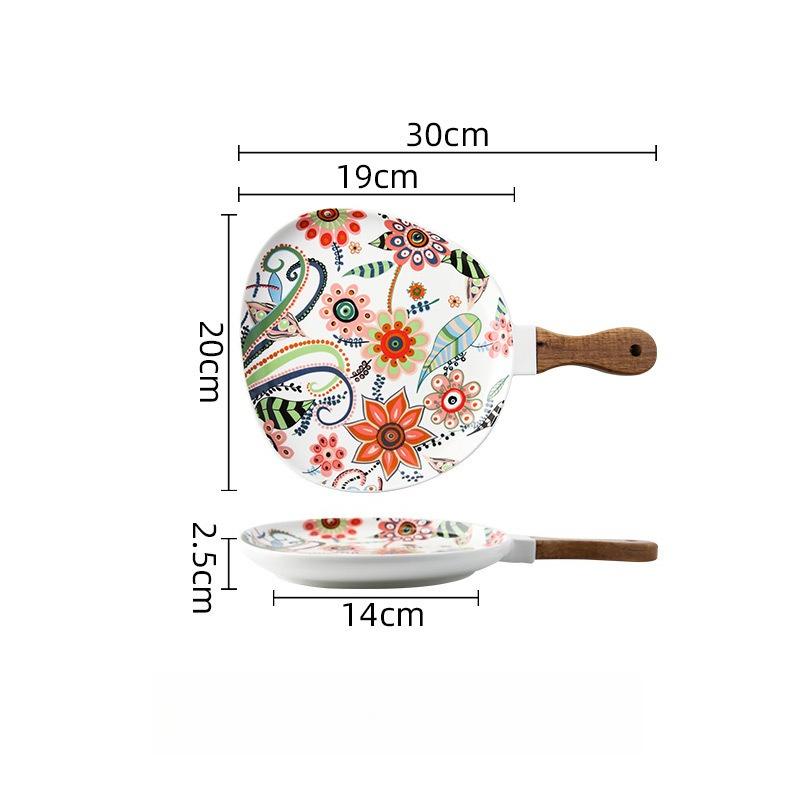 Colorful Floral Ceramic Handled Plate, Creative Decor Food Serving Dish with Solid Wood Handle, Microwave Unavailable
