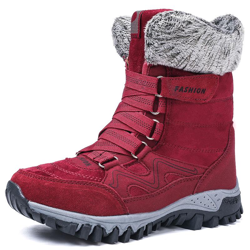 Women Winter Velvet Plus PU Snow Boots Casual Suede Medium Warm High Top Cotton Shoes Large Antiskid Solid Color Lace Up Rope