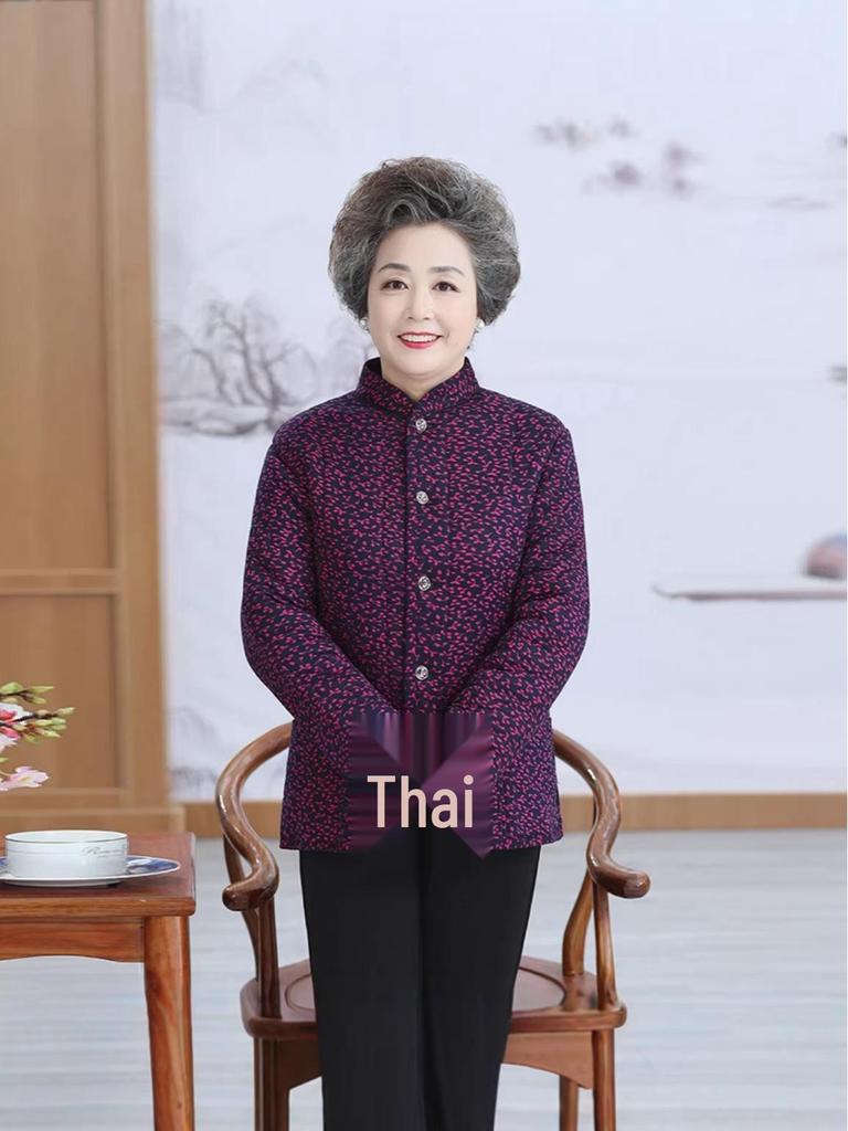 Floral Padded Winter Jacket for Moms - Fleece-Lined Cotton Coat for Middle-Aged and Elderly Women