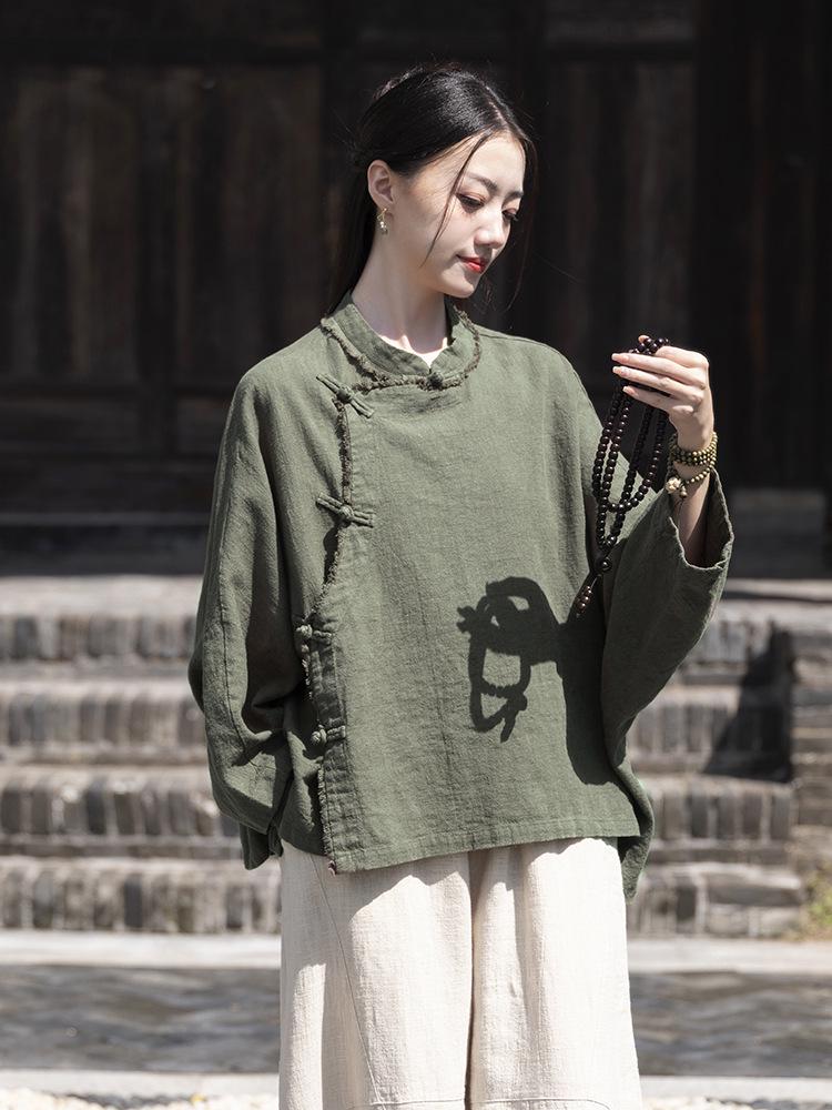 Women's Zen Style Long Sleeve Ramie Top with Frog Buttons - Chinese Retro, Sand Washed, Brushed Cotton Linen