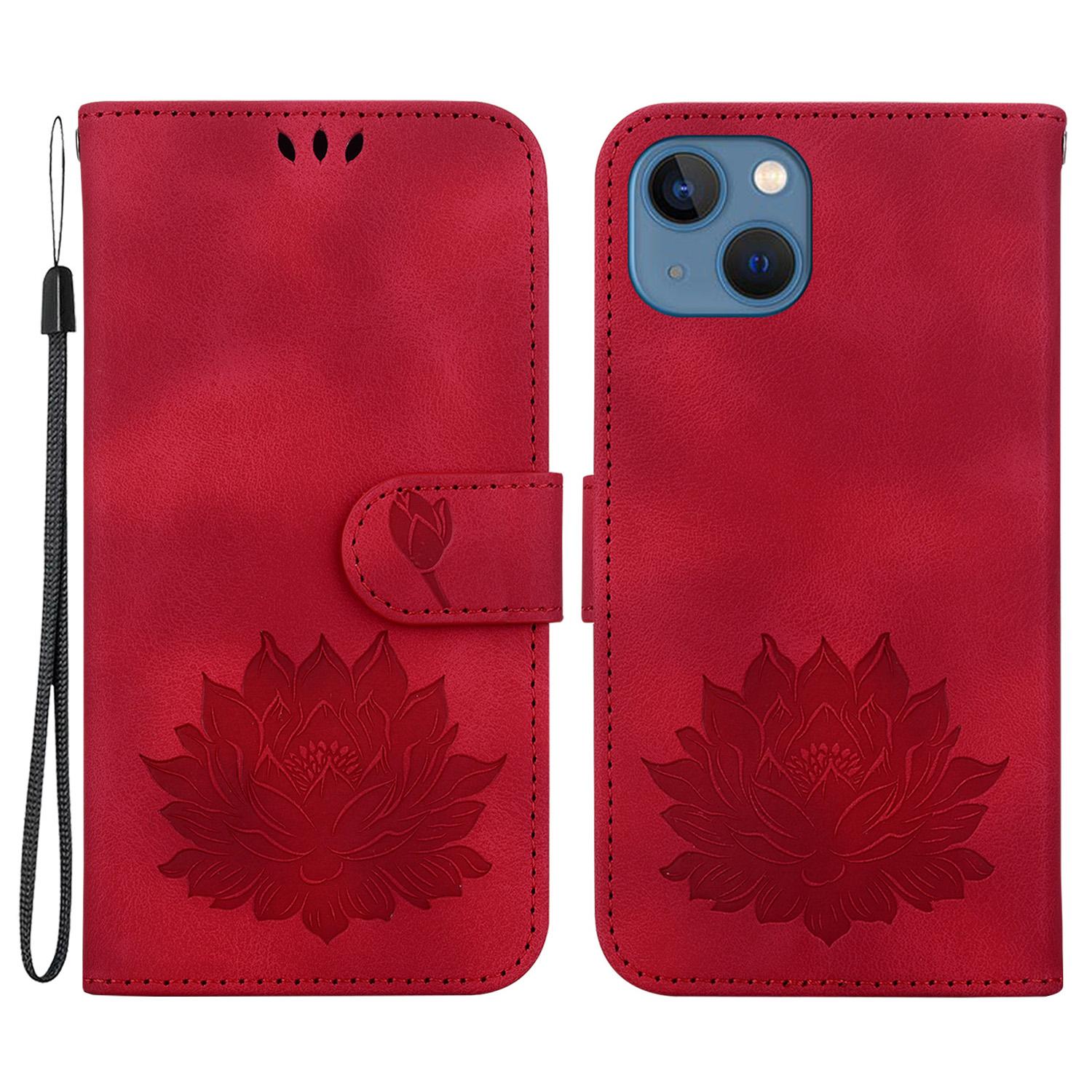 

For iPhone 15 Phone Case Wallet Stand Lotus Leather Cover with Wrist Strap Red