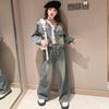 Autumn Teen Girl Retro Denim Clothes Suit Round Neck Denim Jacket and Straight Through Jeans 2pcs Suit Child Outfits