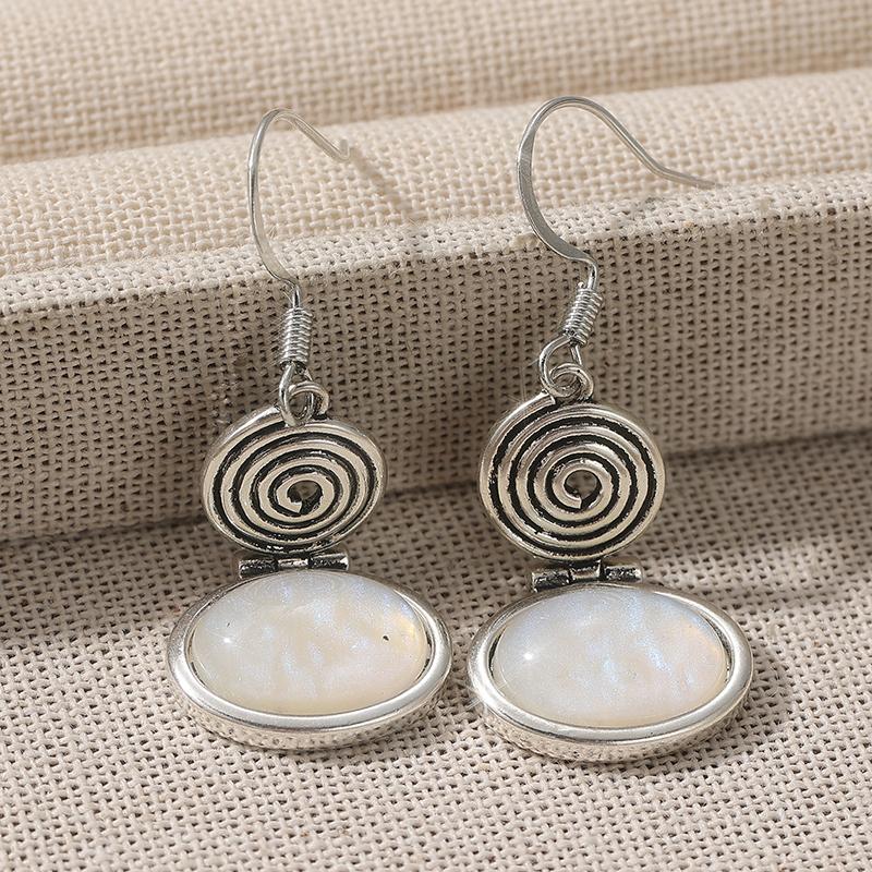 Vintage Posrebrzane Geometryczne Spiralne Kolczyki Wiszące z Kamieniem Księżycowym Damskie Eleganckie Codzienne Wszechstronne Akcesoria Biżuteria Prezenty