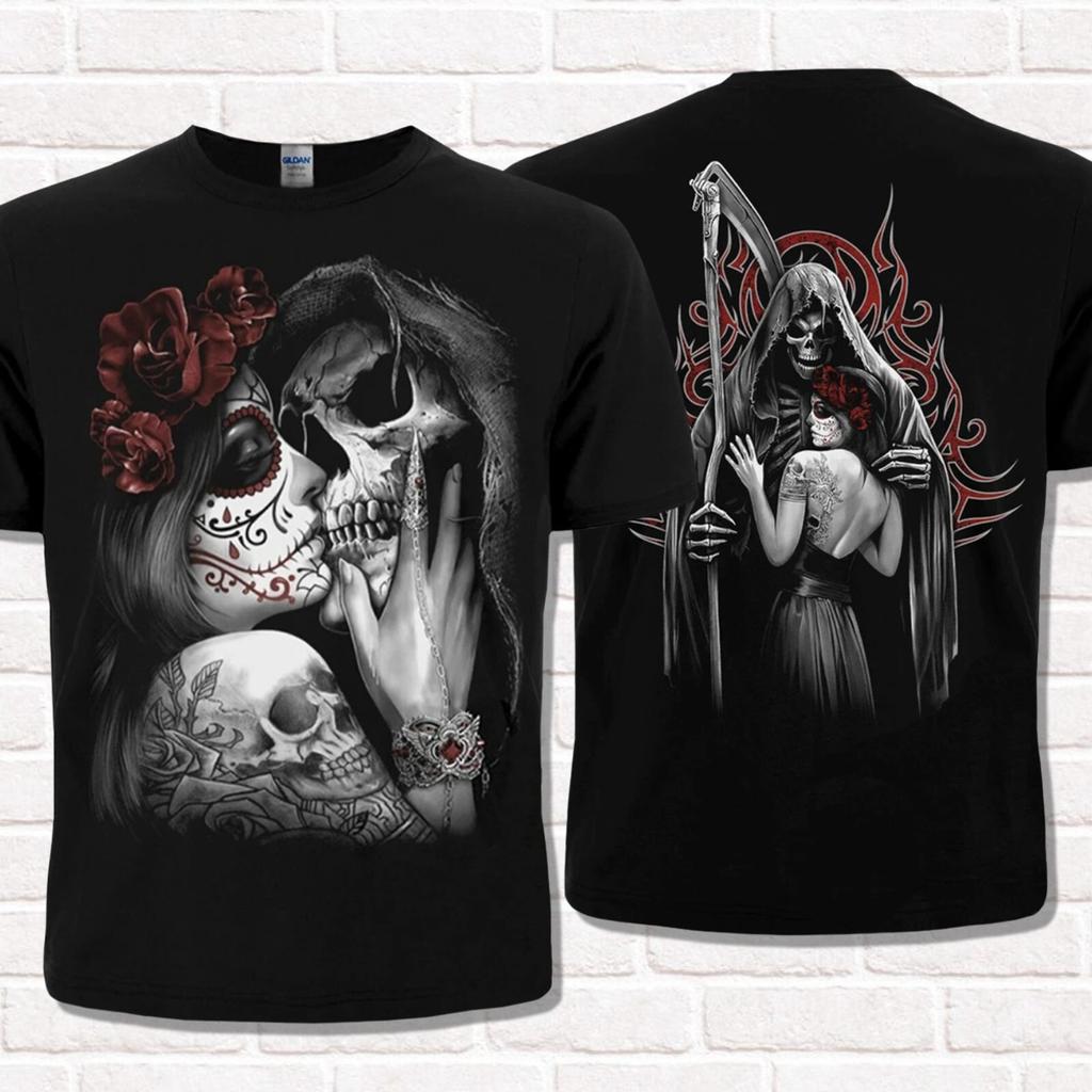 Muerte kisses Death T-Shirt Mens Womens Tees Top. Holy Death. Santa Muerte. Mexican style Grim Reaper