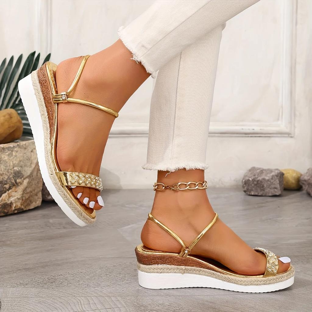 Fashion Fashion Gold Rhinestone Wedge Sandals for Women 2025 Summer Non Slip Beach Shoes Woman Lightweight Platform Slippers Plus Size