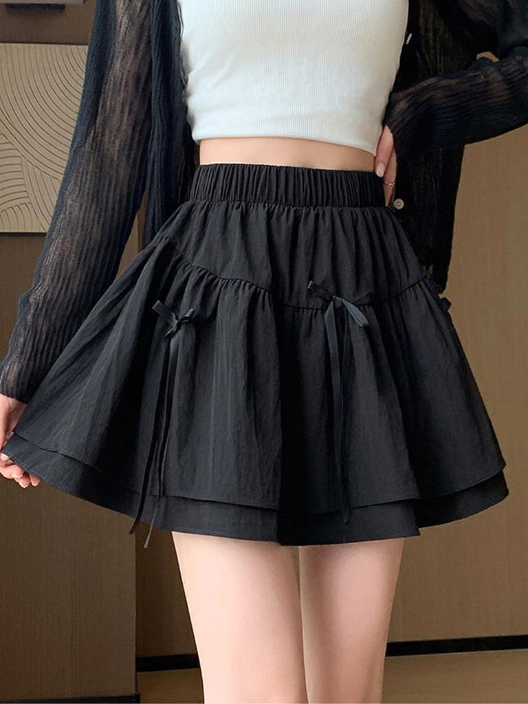 Cute Bow Mini Skirt with Shorts Women's Y2K Sweet Style Cake Skirt Ruffle Elastic Waist Fashion Female Clothing