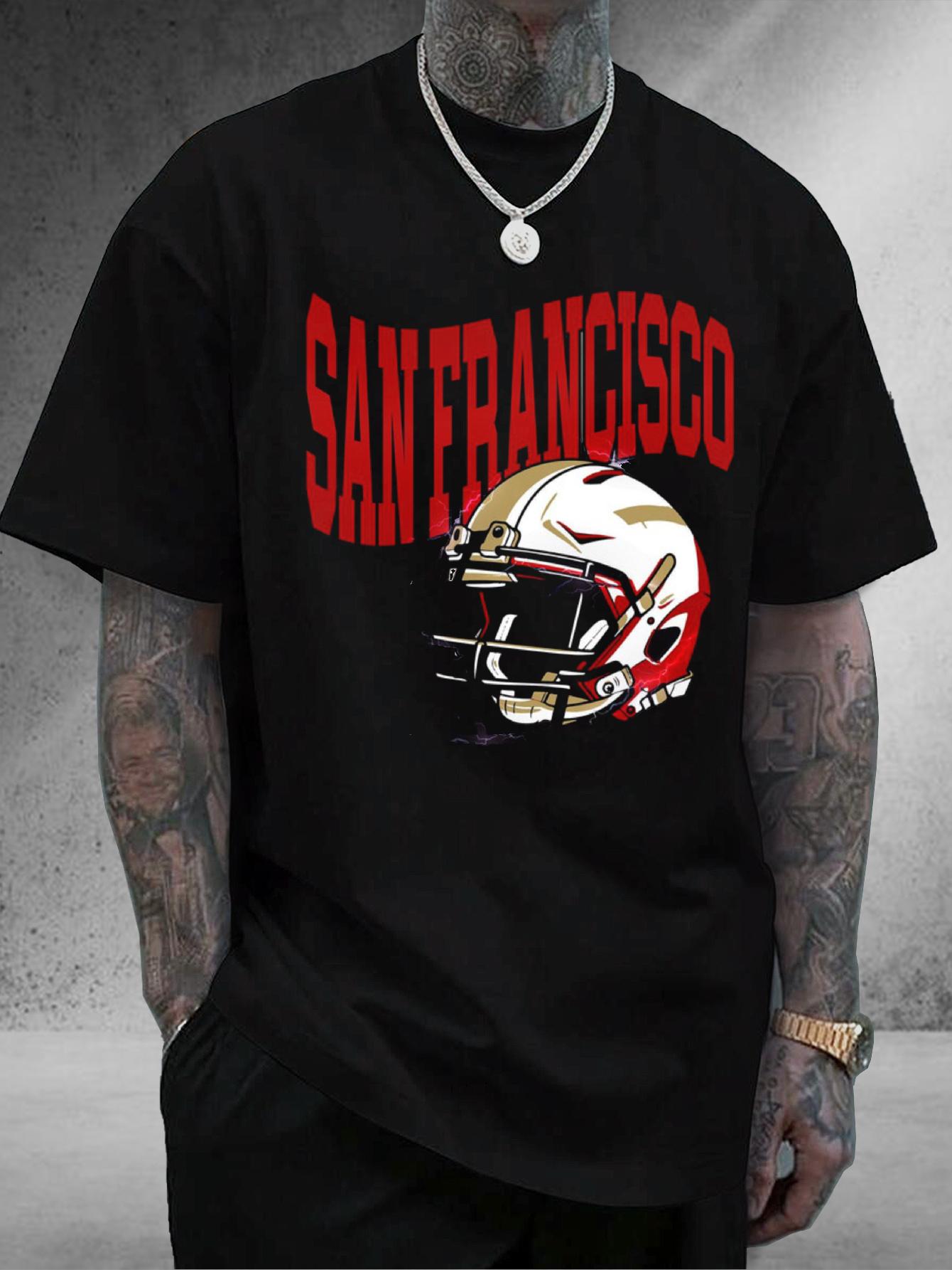 Men s Heavyweight 100% Cotton San Francisco T-Shirt, Football Helmet Graphic Tee, Casual Beige & Red Sports Top S разноцветный