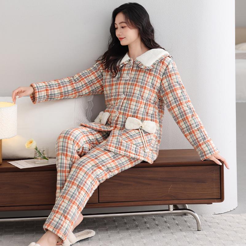 Pajamas Women'S Winter Three-Layer Thickened Velvet Woven Cotton Padded Autumn And Winter Models Can Be Worn Outside Warm Loungewear Set
