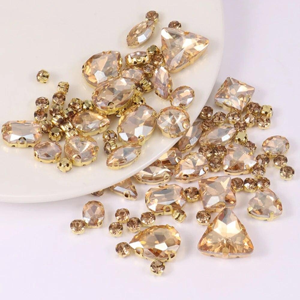 Sew On Rhinestones, Choupee 130PCS Sew On Glass Rhinestone Metal Back Prong Setting Sewing Claw Rhinestone Mixed Shapes