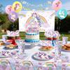 98 pièces Décorations d'Anniversaire Licorne, Ensemble Vaisselle Décorations de Fête d'Anniversaire Licorne - Assiettes de Fête Licorne Nappe Serviettes Ballons Toppers de Gâteau etc