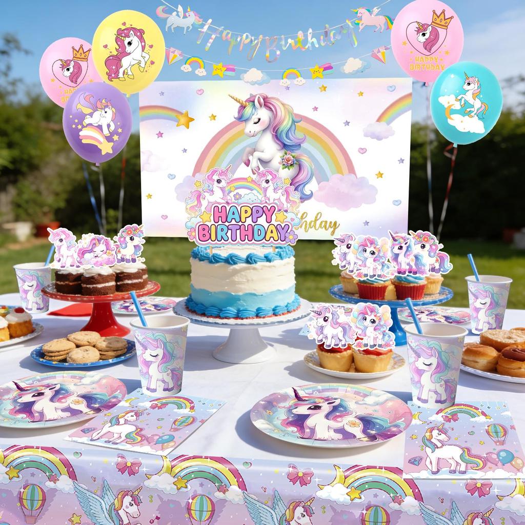 98 pièces Décorations d'Anniversaire Licorne, Ensemble Vaisselle Décorations de Fête d'Anniversaire Licorne - Assiettes de Fête Licorne Nappe Serviettes Ballons Toppers de Gâteau etc
