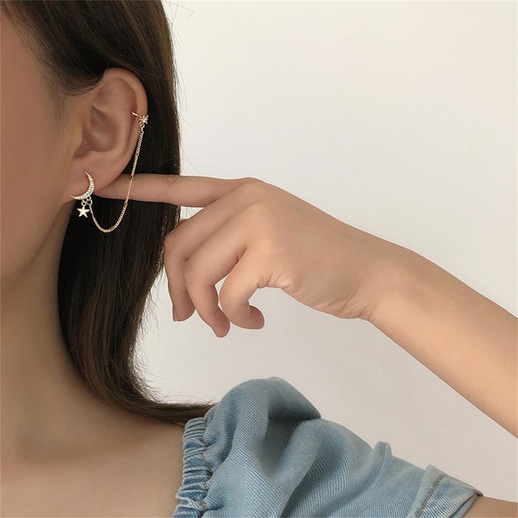 Moon Star Ear Cuff Wrap Clip Stud Long Chain Dangle Drop Cartilage Hoop Earrings For Women Gifts