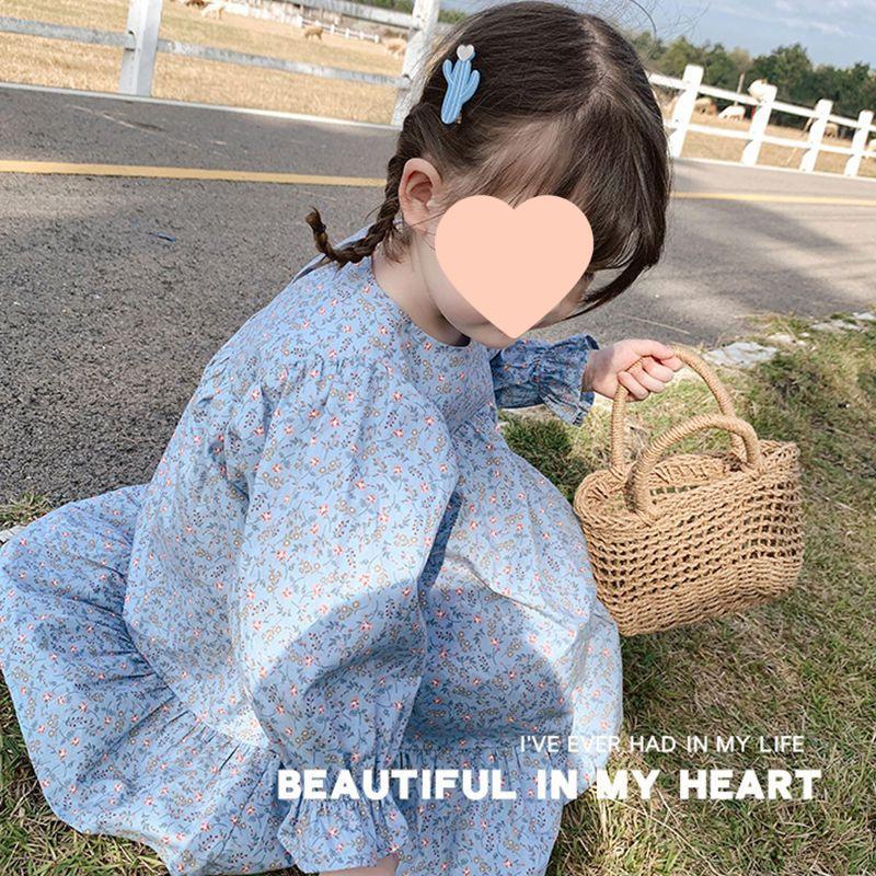 Girls' Floral Long-Sleeve Mid-Length Spring 2025 Princess Dress - Korean Pastoral Style