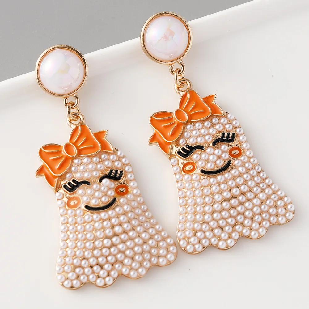 

2024 European American New Creative Halloween Cute Cartoon Bow Ghost Rice Bead Earrings Alloy Pearl Earrings Design Jewelry Gift белый